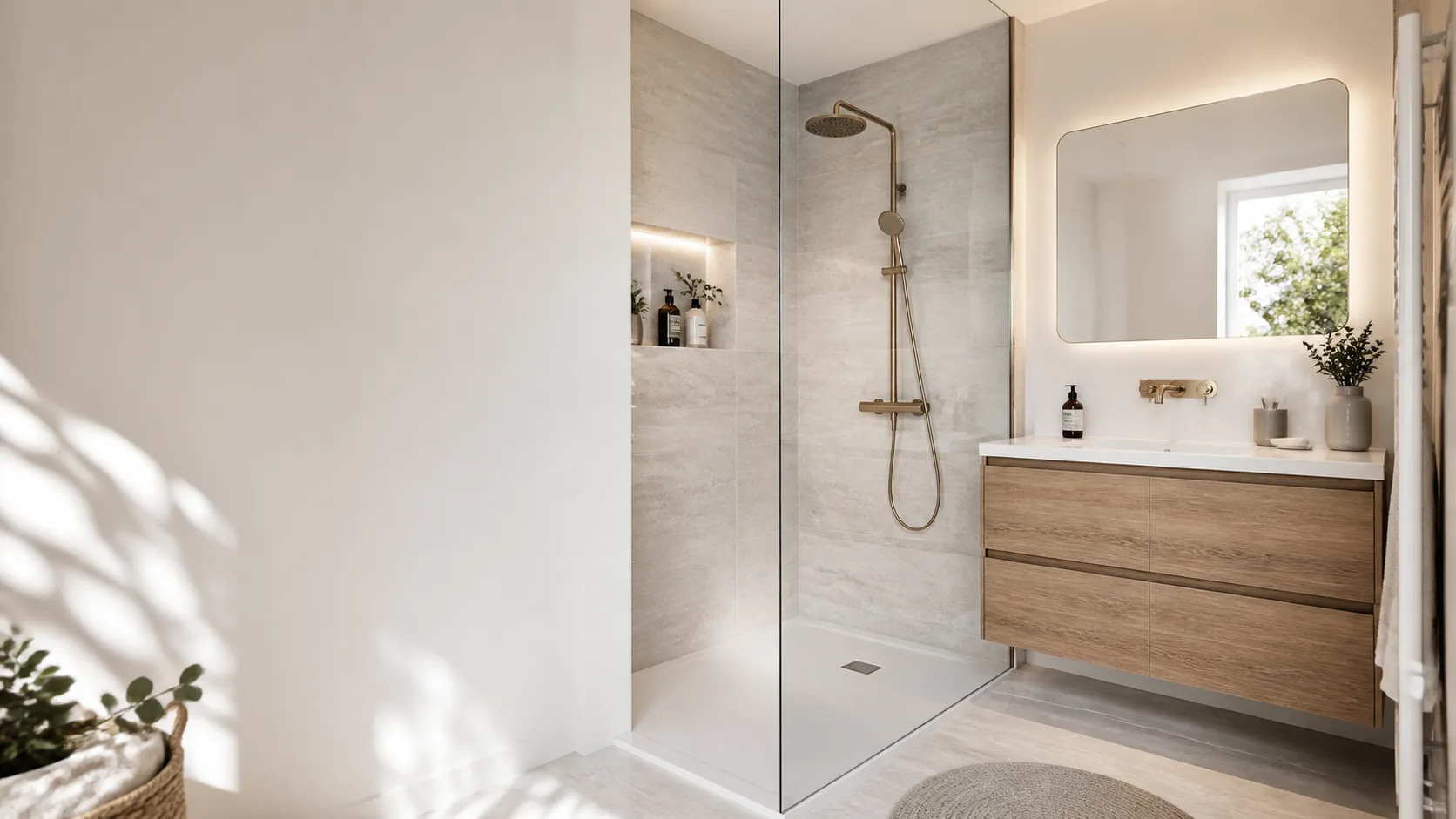 Salle de bains rénovée avec douche, meuble vasque et carrelage